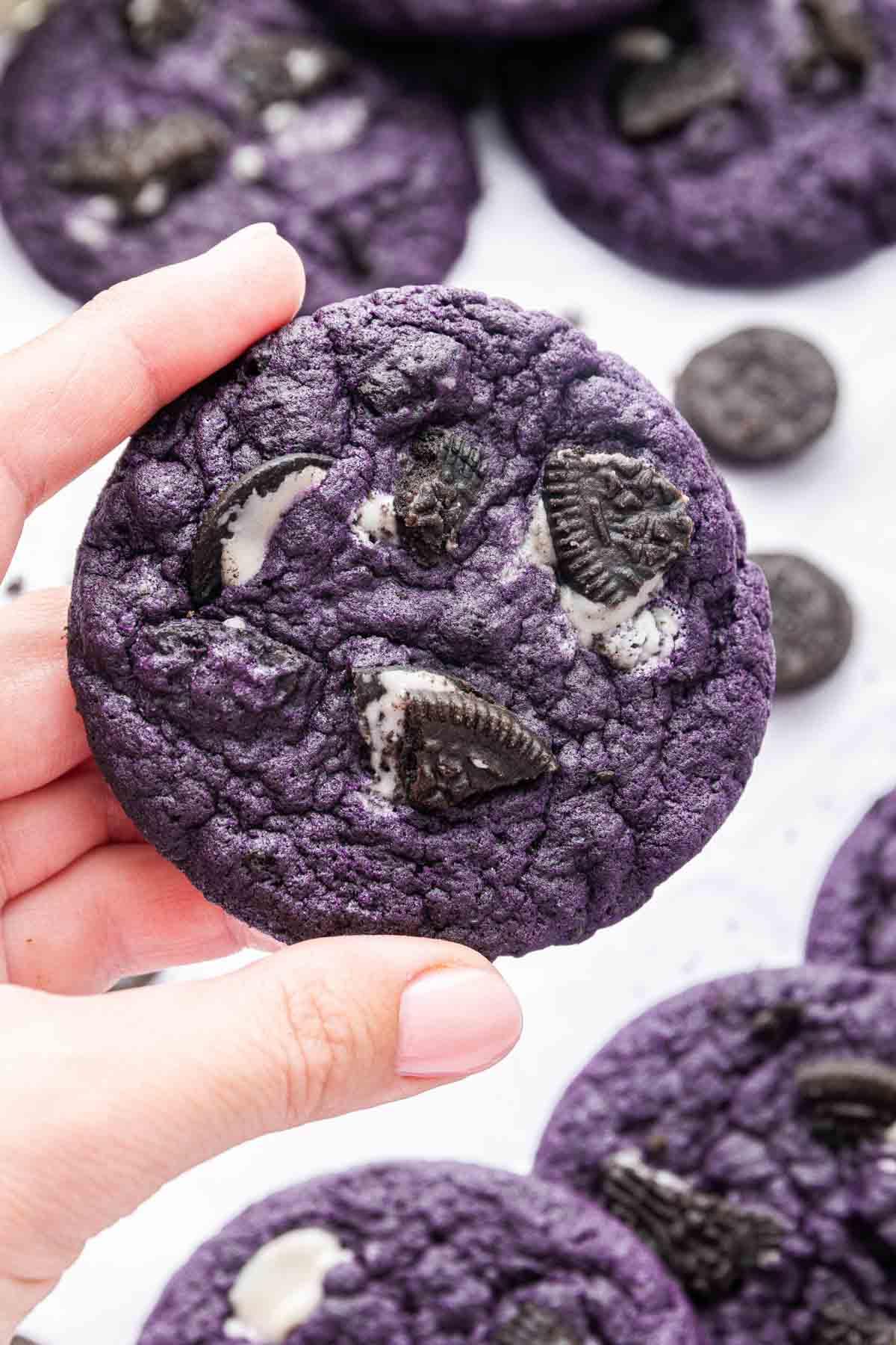 Mano che tiene un biscotto all'ube con pezzetti di Oreo sbriciolati all'interno.