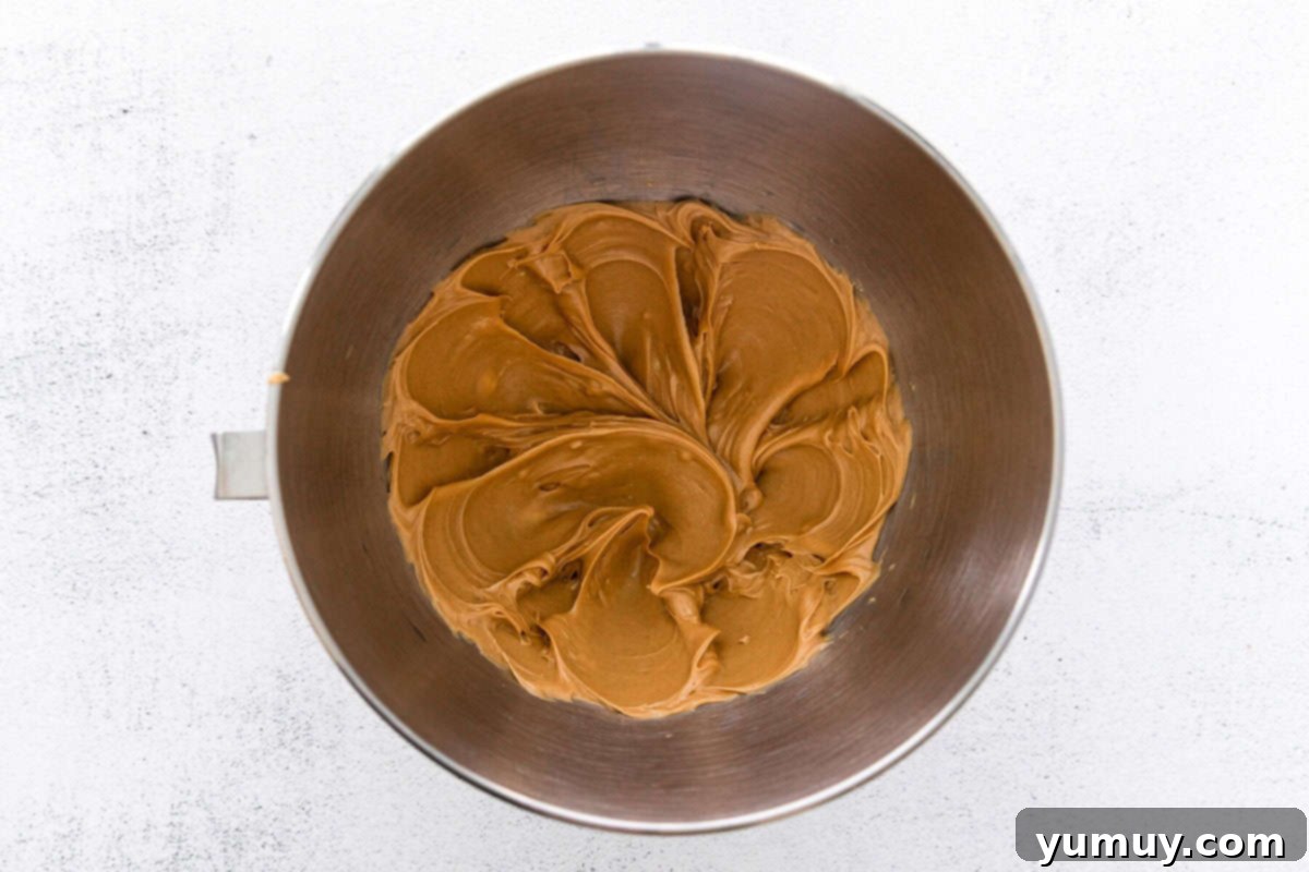 Creamed peanut butter, butter, and vanilla in a mixing bowl.