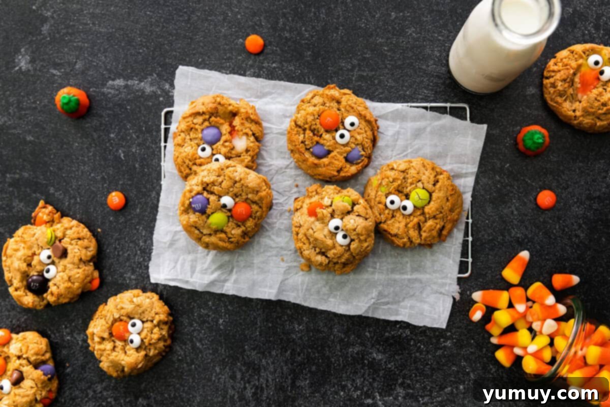 Spooktacular Monster Cookies 14 Baked halloween monster cookies on cooling rack.