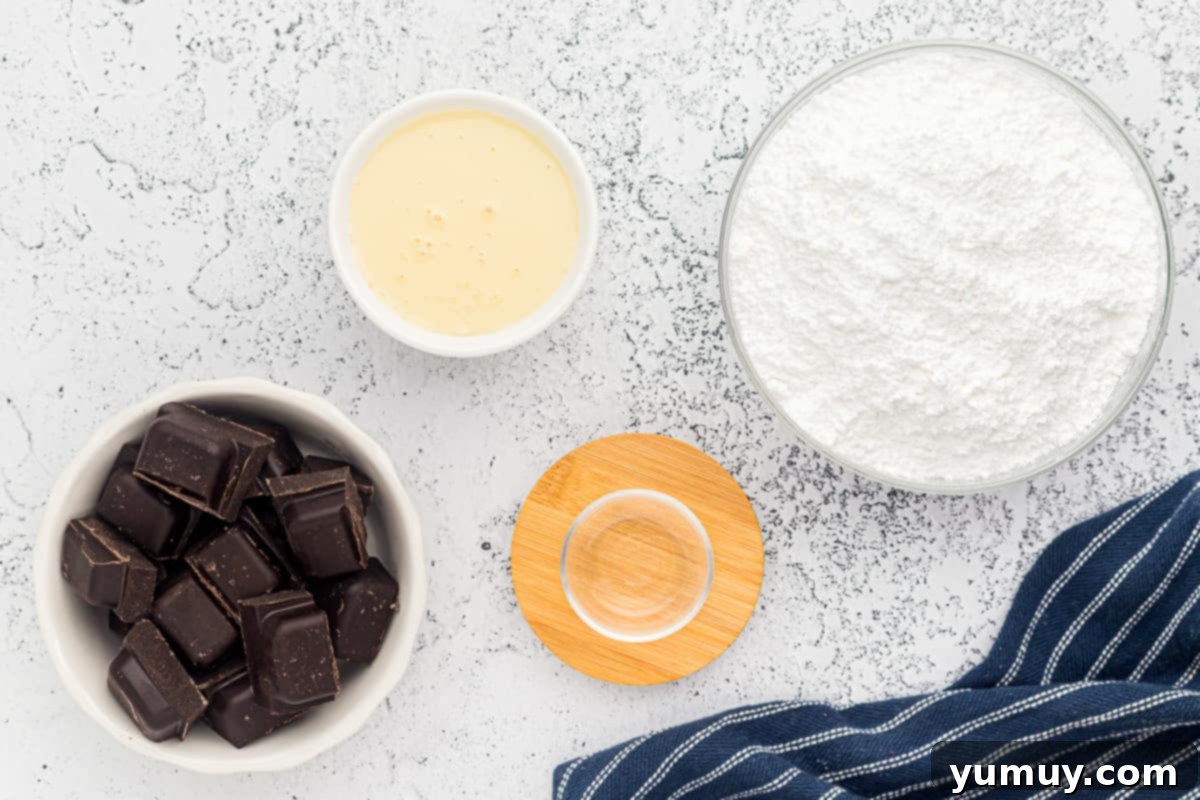 All the essential ingredients for homemade peppermint patties laid out, emphasizing the simplicity of the recipe.