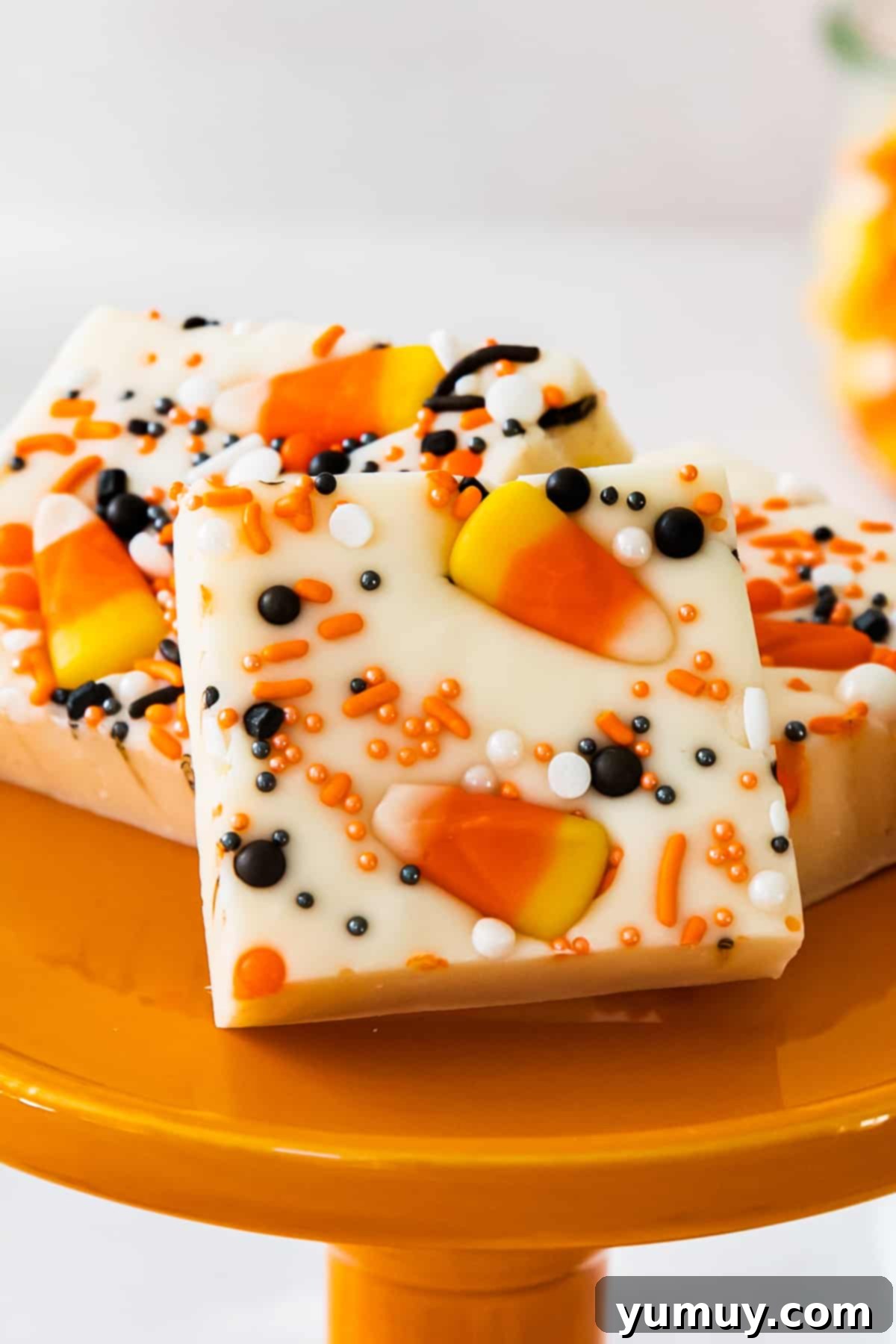 Haunted Fudge Delights 2 Squares of vibrant Halloween fudge generously topped with classic candy corn and a mix of colorful Halloween sprinkles, displayed on a serving tray.