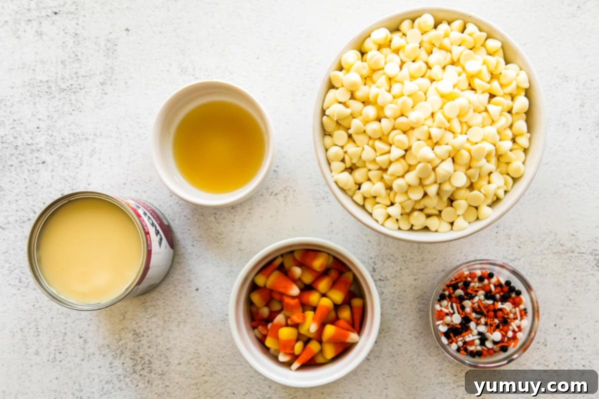 Haunted Fudge Delights 9 All the necessary ingredients for making Halloween fudge, neatly arranged on a counter.