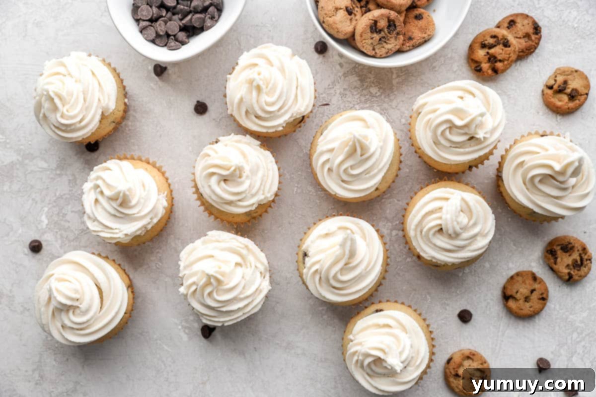 Ultimate Chocolate Chip Cupcakes 14 An inviting overhead perspective of perfectly frosted cupcakes, each crowned with a delicate swirl of vanilla buttercream.