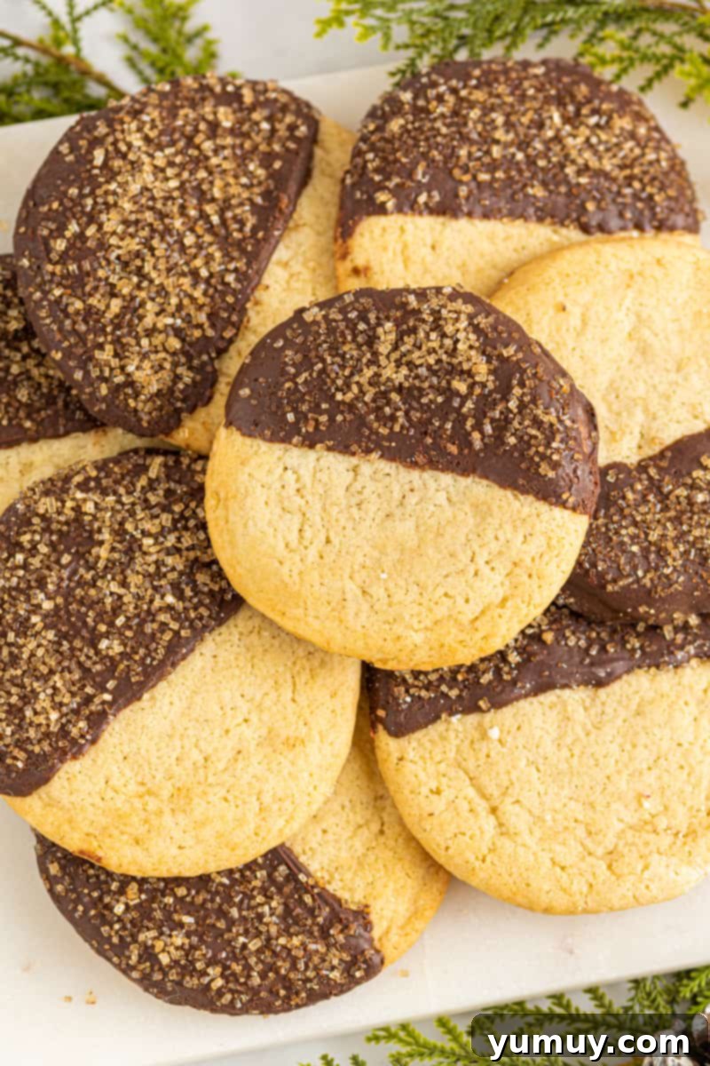 Close-up of freshly baked chocolate-dipped sugar cookies on a cooling rack, garnished with turbinado sugar.