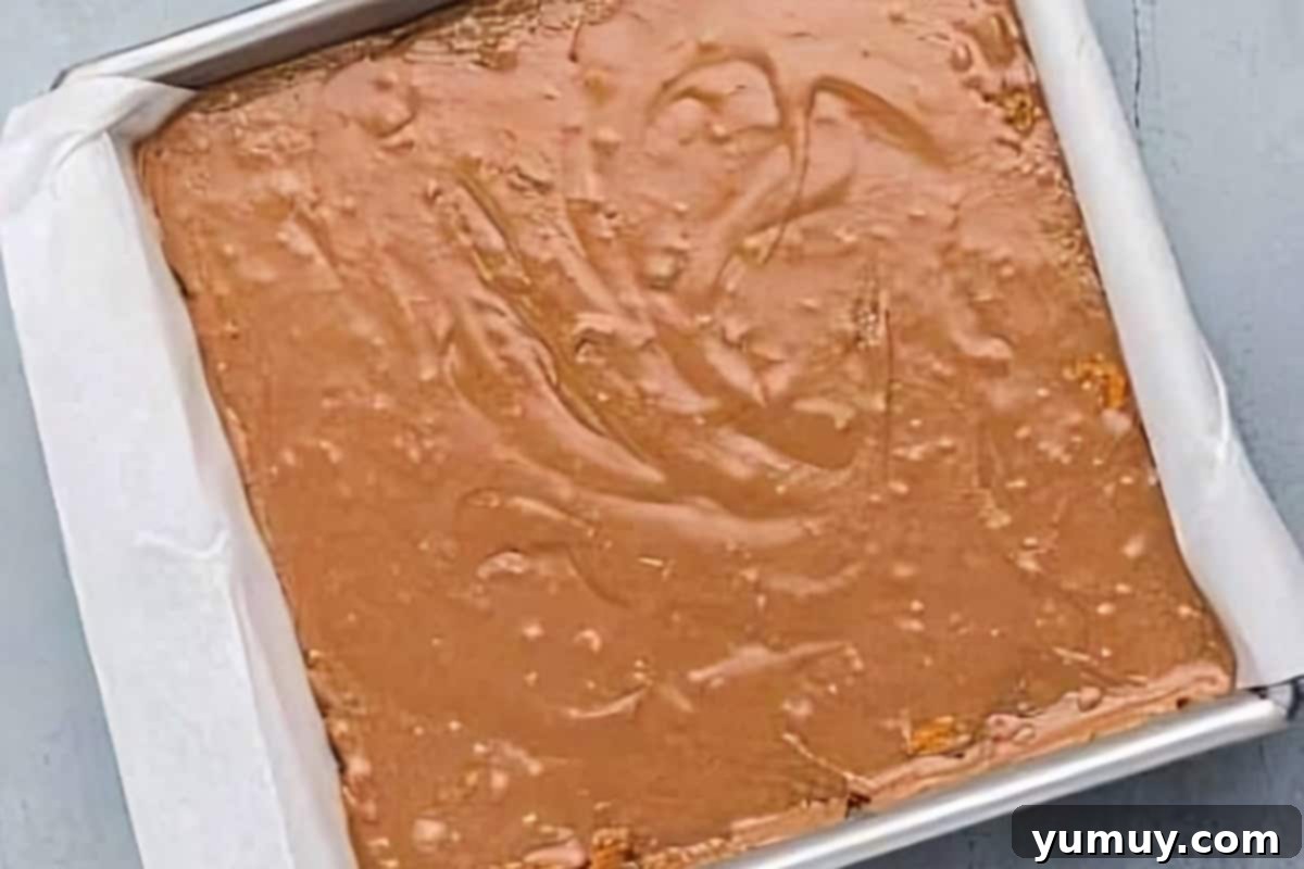 Butterfinger Bliss Fudge 14 Butterfinger fudge neatly spread into a pan, garnished with extra crushed candy, before chilling