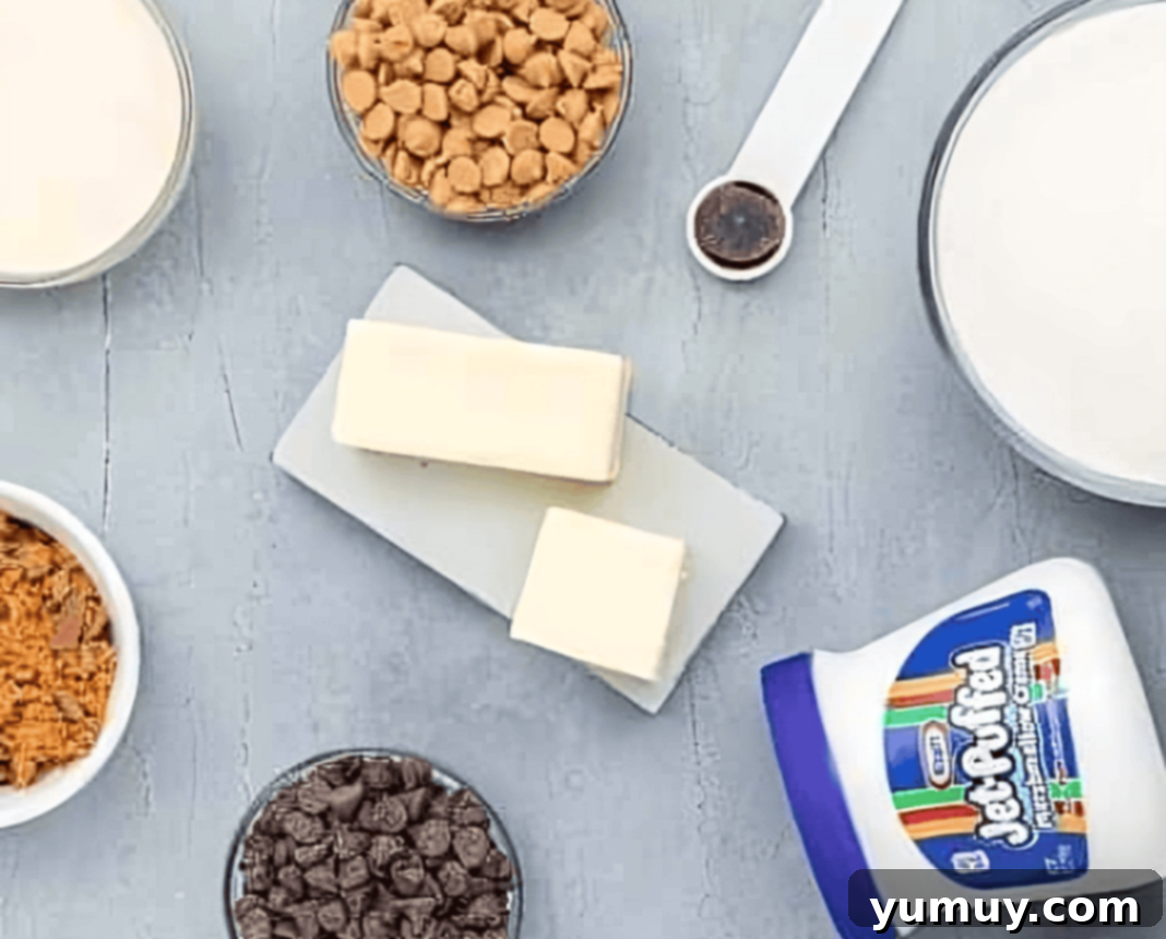 Butterfinger Bliss Fudge 10 Ingredients for homemade Butterfinger fudge laid out on a counter