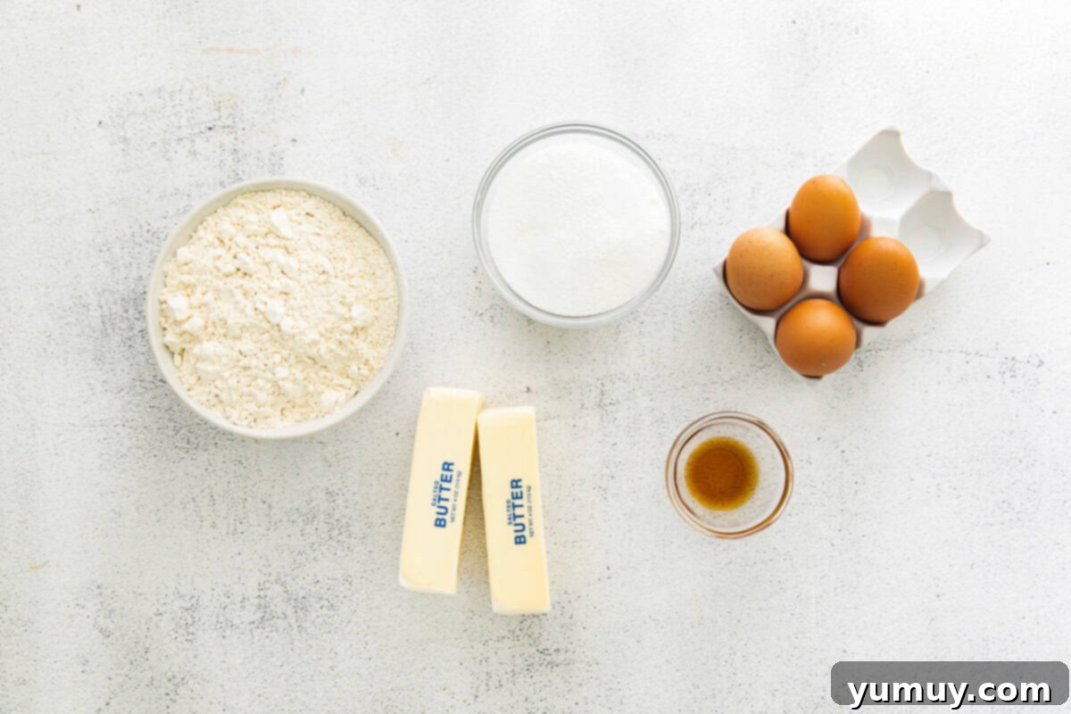 Classic Vanilla Pound Cake 11 ingredients for pound cake: flour, eggs, butter, vanilla, and sugar.