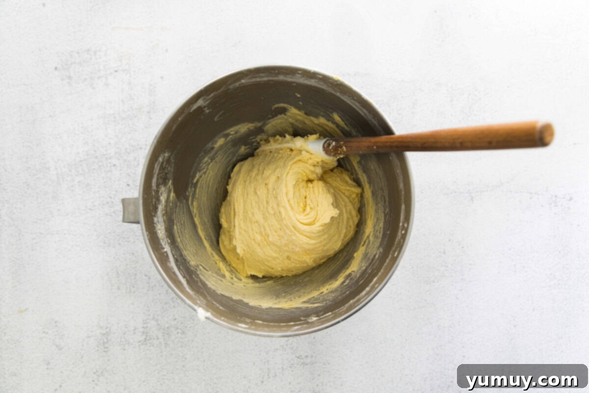 Classic Vanilla Pound Cake 14 vanilla pound cake batter in a stainless mixing bowl with a rubber spatula.