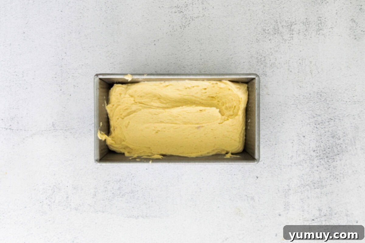 Classic Vanilla Pound Cake 15 vanilla pound cake batter in a loaf pan.