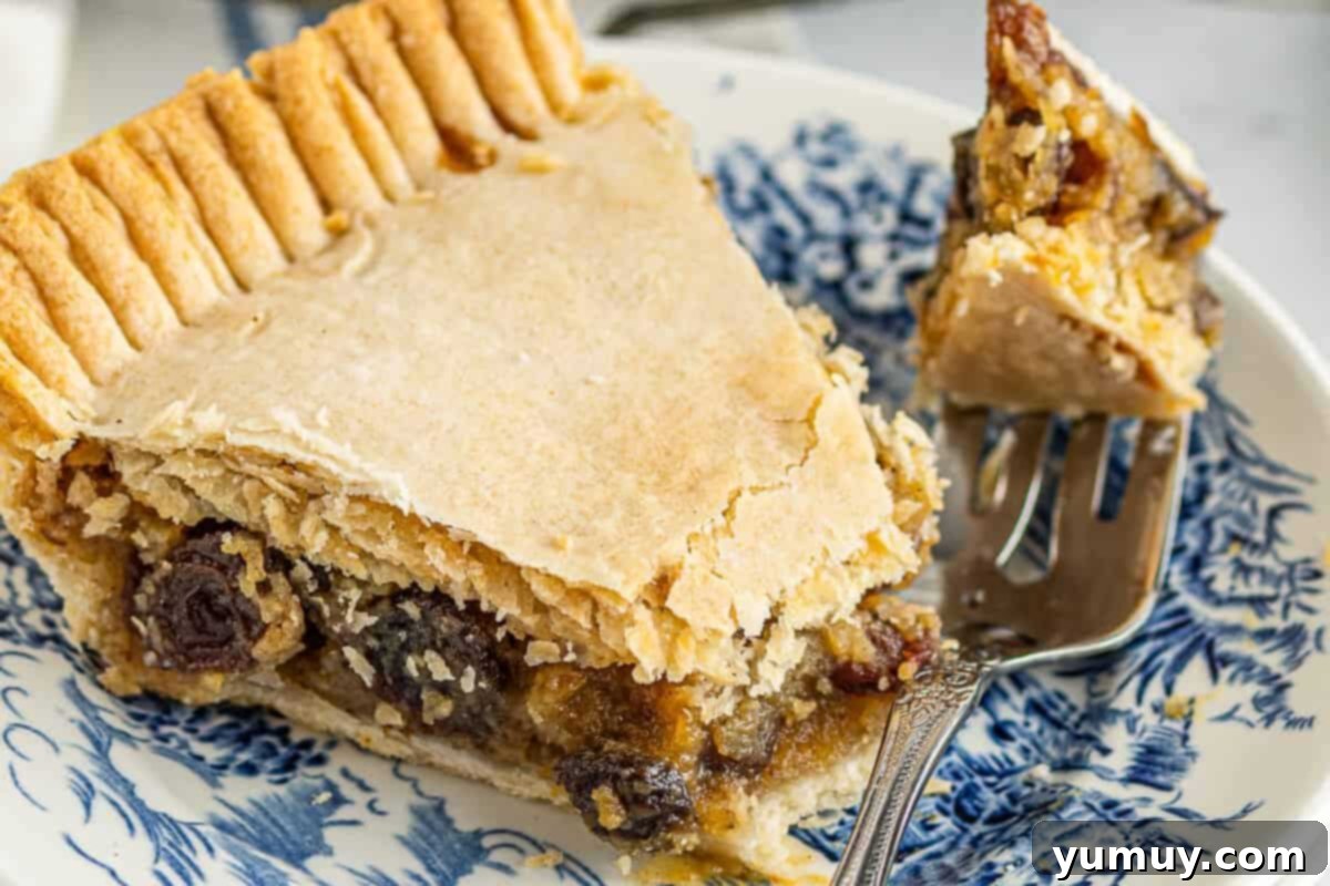 Velvet Raisin Bliss 3 A perfectly sliced piece of raisin custard pie, revealing its rich, golden filling and flaky double crust, rests on a white plate with a fork.