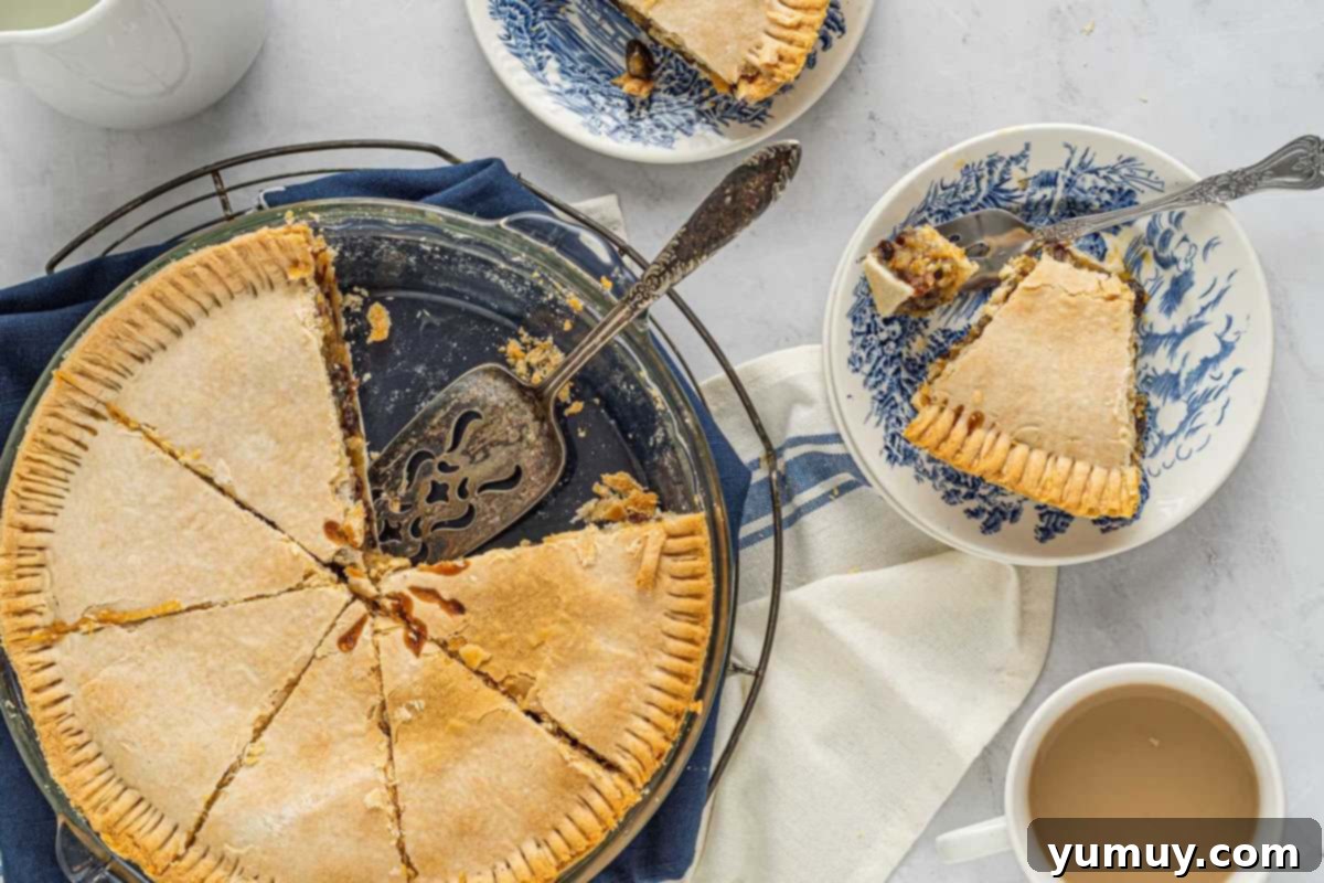 Velvet Raisin Bliss 25 Multiple slices of sour cream raisin pie, perfectly cut and served on individual white plates.