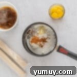 Velvet Raisin Bliss 8 All custard ingredients combined in a saucepan before heating.