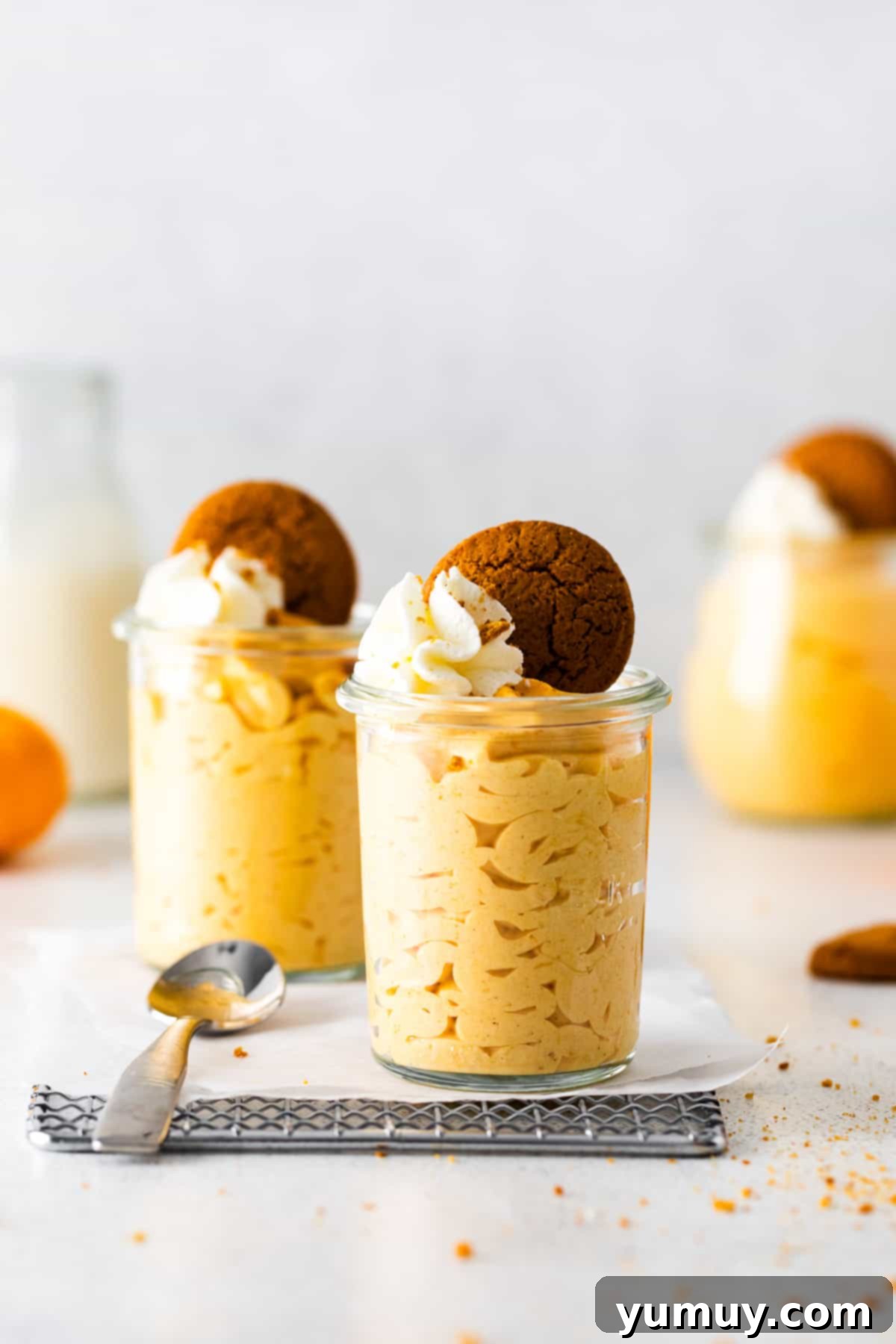 Two glass jars of fluffy pumpkin mousse, elegantly topped with swirls of whipped cream and garnished with crunchy gingersnap cookies, ready for a delightful fall treat.
