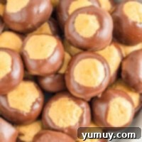 A bowl of finished Buckeye candies, ready for serving.