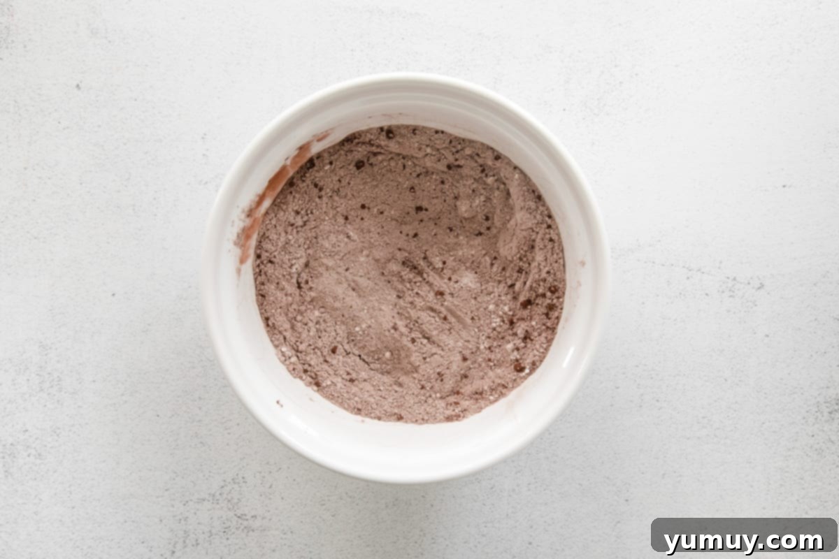 Dry ingredients for chocolate pumpkin cupcakes, including cake mix and cinnamon, in a white bowl, thoroughly mixed and ready for wet ingredients.