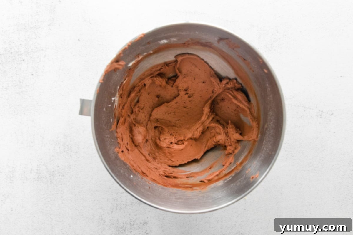 Overhead view of luscious chocolate pumpkin cupcake frosting in a gleaming stainless mixing bowl, whipped to its peak fluffiness and readiness for piping.