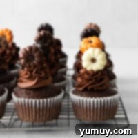 Featured chocolate pumpkin cupcakes, beautifully frosted and decorated for a festive fall treat.