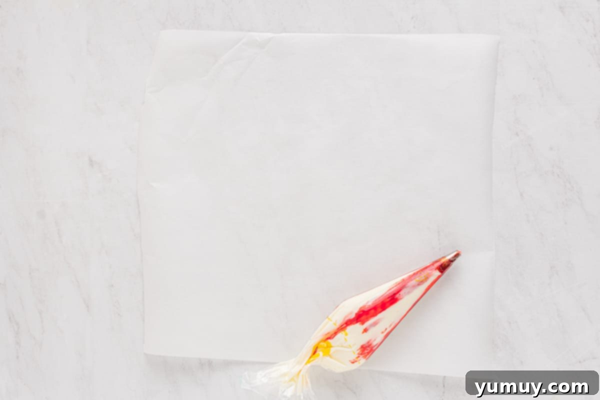 A piping bag fitted with a star tip, showing vibrant red food coloring stripes inside before being filled with the cream cheese mint mixture.