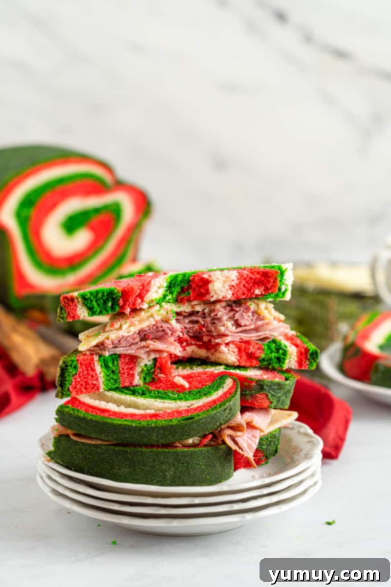 A festive sandwich made with Christmas swirl bread, ideal for holiday lunches