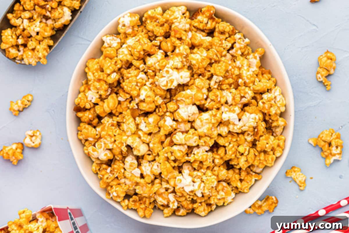 Golden Caramel Crunch 16 overhead bowl of caramel popcorn