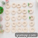 Holiday Wreath Delights 12 Decorating station with shortbread cookies, a bowl of icing, and various festive cookie decorations.