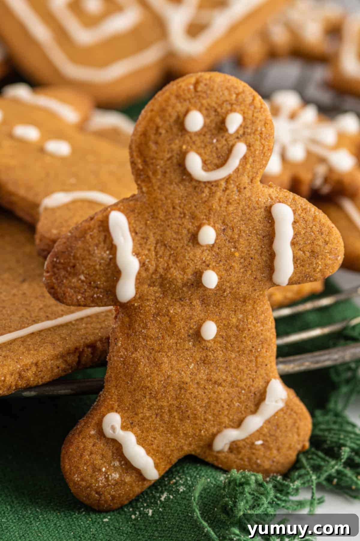 Festive Gingerbread Treats 4 Side view of a perfectly baked gingerbread man cookie, leaning upright against a wire cooling rack, showcasing its crisp detail.