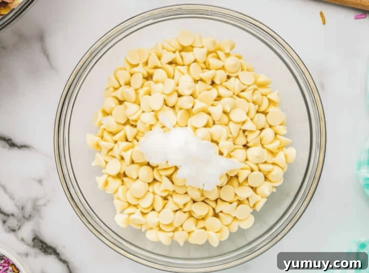 white chocolate chips in a mixing bowl