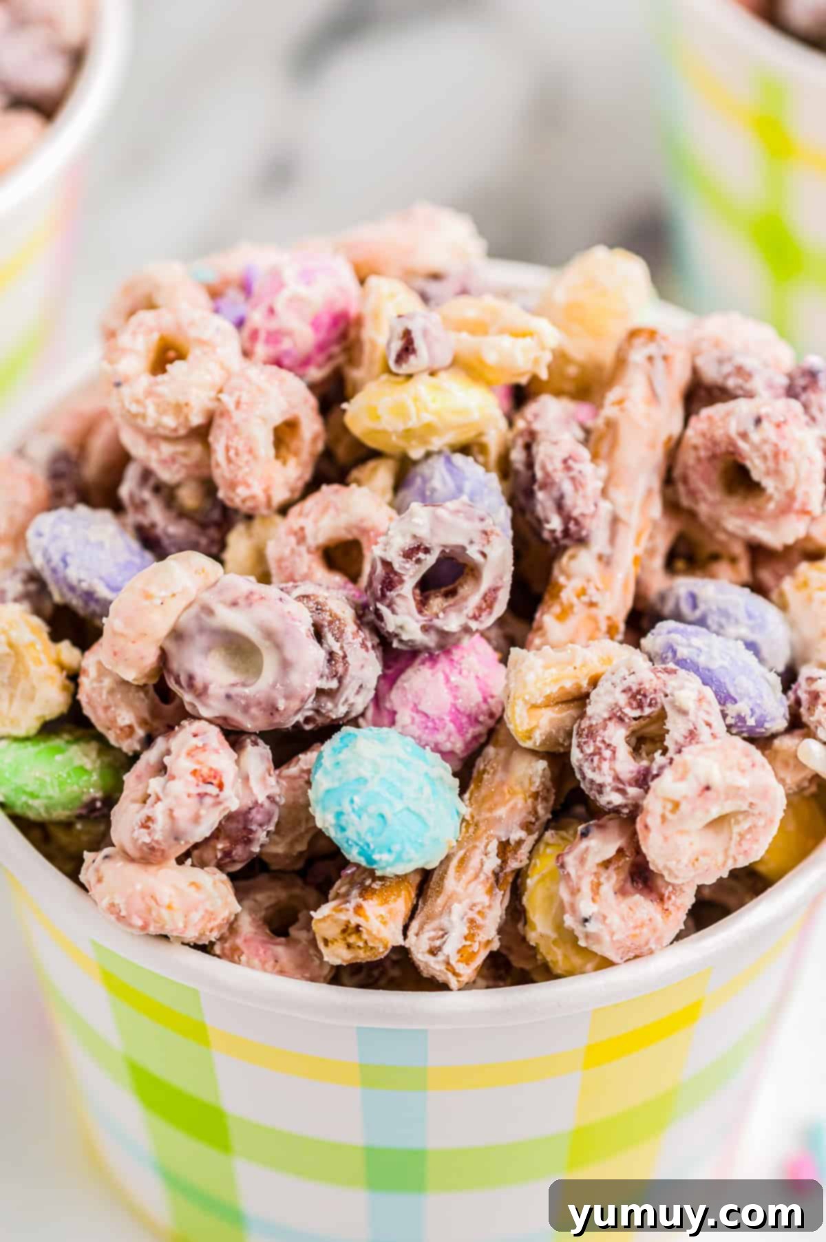 up close cups of easter bunny bait snack mix