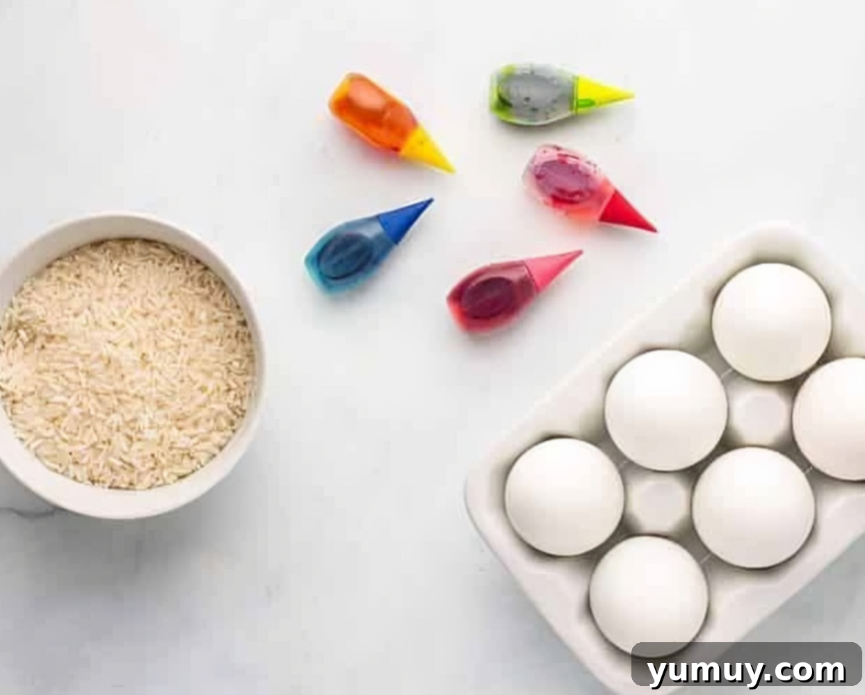 ingredients for rice dyed easter eggs.