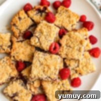 Luscious Raspberry Bars 4 Featured raspberry crumb bars, glistening with jam and golden crumbs.