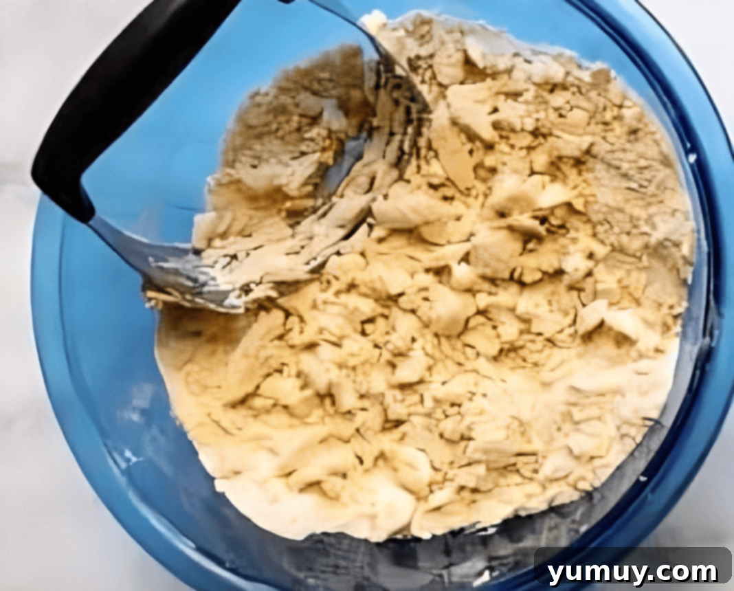 Luscious Raspberry Bars 10 Close-up of a blue glass bowl containing the crumbly dough mixture, with a pastry cutter resting in it.