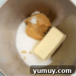 butter, sugar, and brown sugar in a stainless mixing bowl.