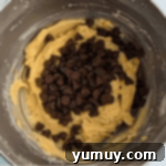 chocolate chips over cookie dough in a stainless mixing bowl.