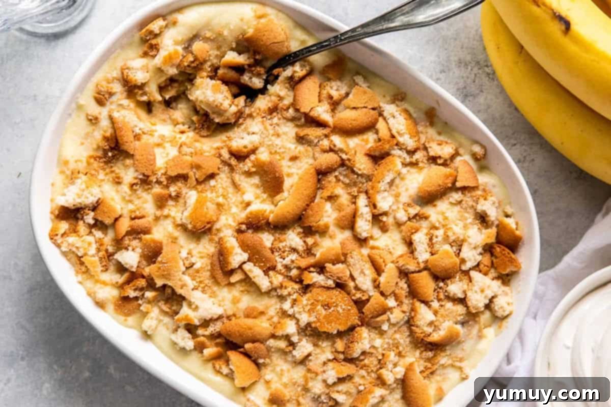 overhead view of banana pudding topped with crushed vanilla wafers in a wide baking dish with a spoon.