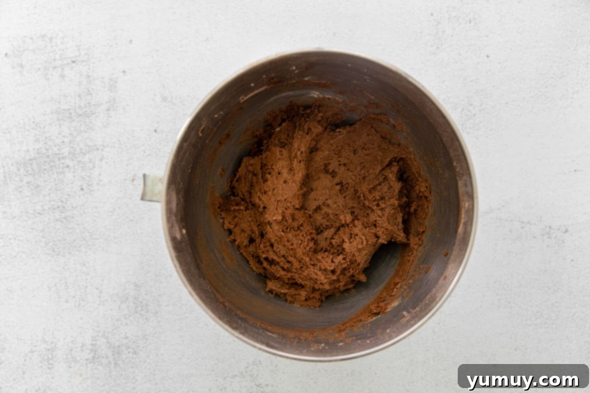 The dark, rich chocolate whoopie pie batter, perfectly mixed and swirled in a gleaming metal bowl.