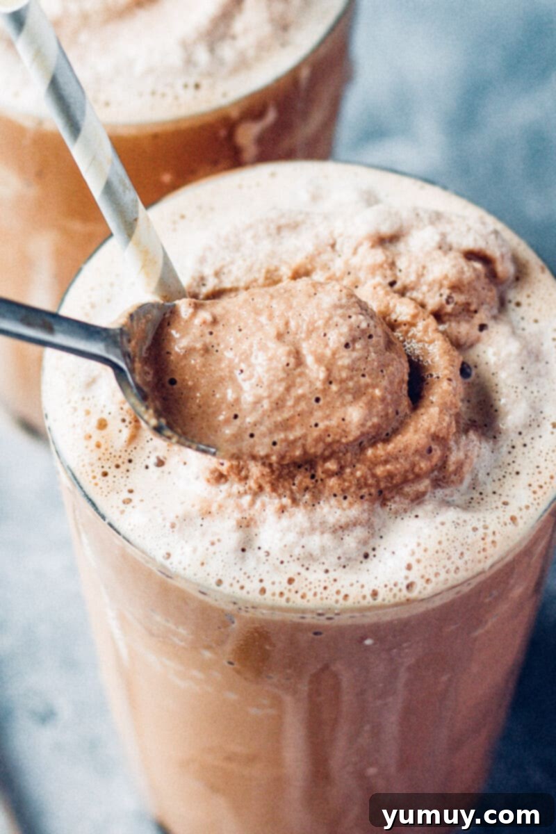 Make Your Own Wendy's Chocolate Frosty at Home 3 Spoon scooping a portion of the thick, creamy chocolate frosty from a glass, highlighting its smooth texture.