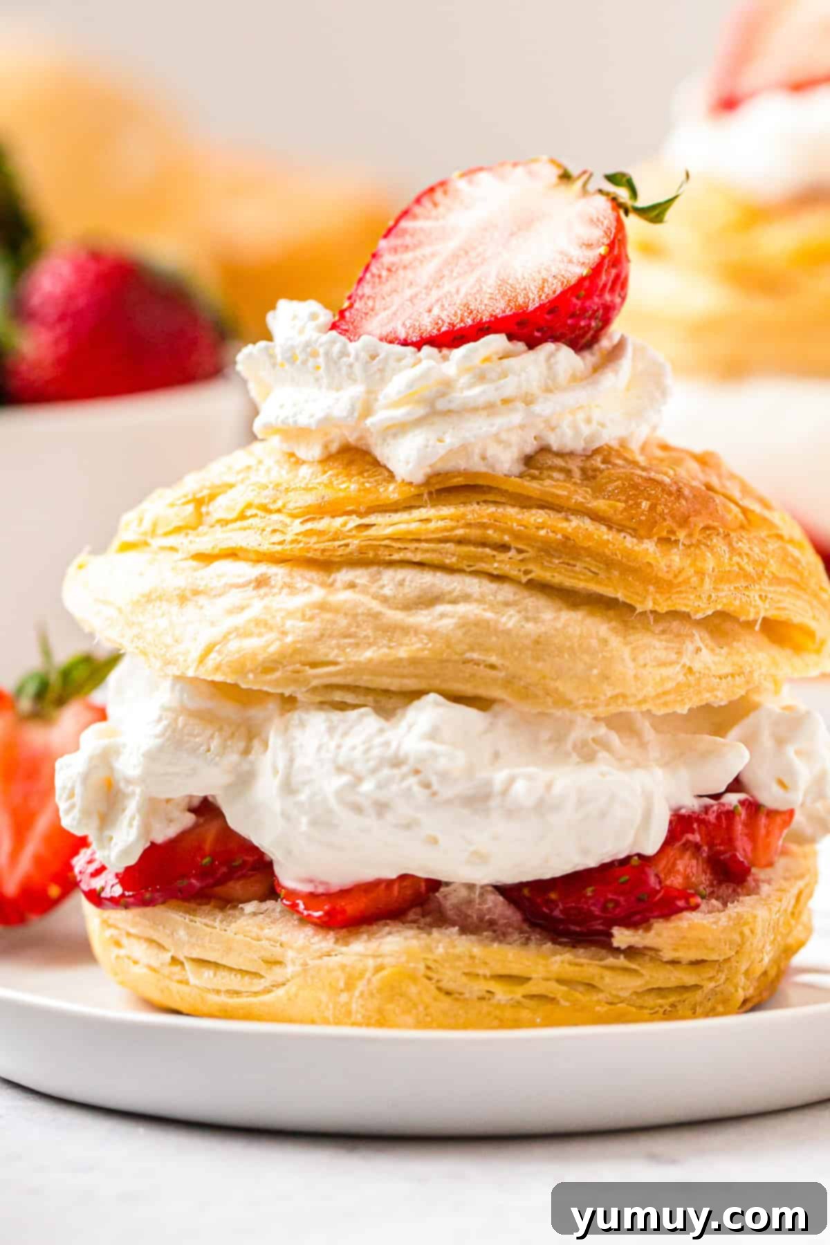 A close-up view of a serving of strawberry shortcake, highlighting the layers of golden biscuit, vibrant strawberries, and dollops of homemade whipped cream.