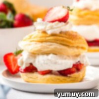 A beautifully presented featured strawberry shortcake with a focus on its fresh ingredients and inviting texture.