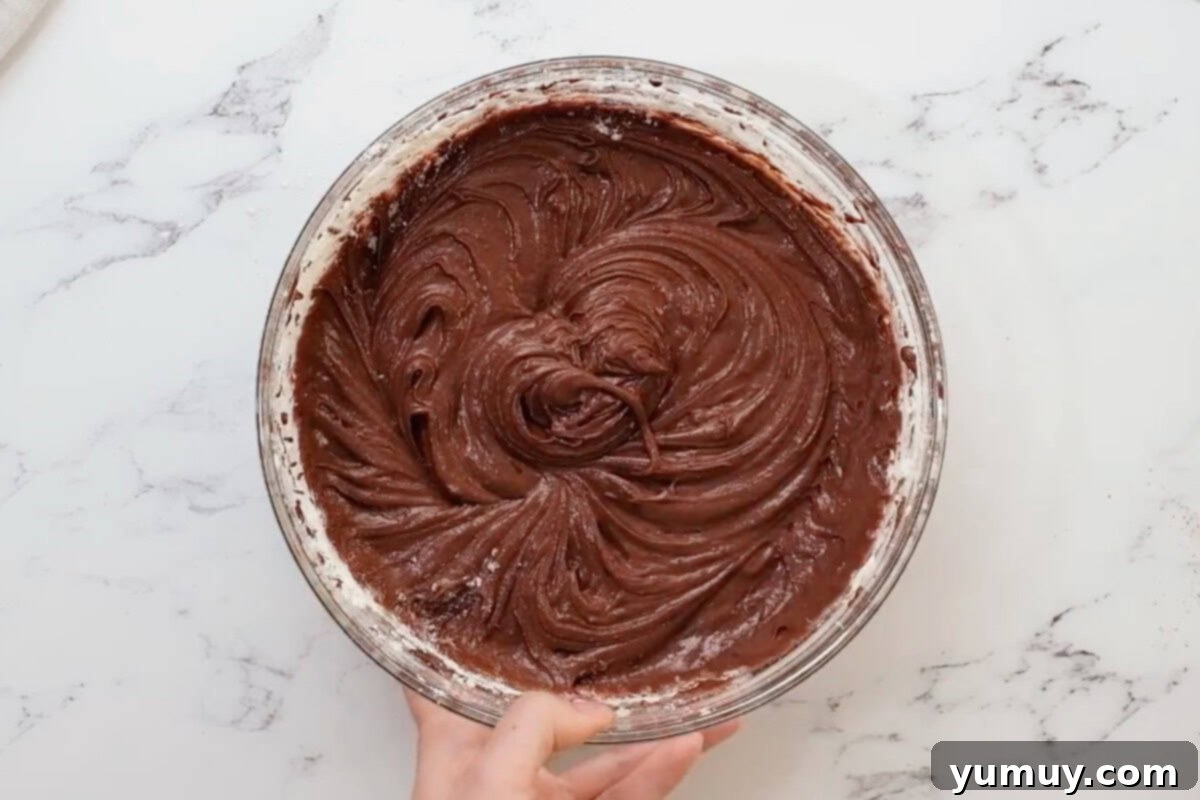Bite Sized Chocolate Delights 15 Chocolate cake batter in a glass mixing bowl, ready for baking.
