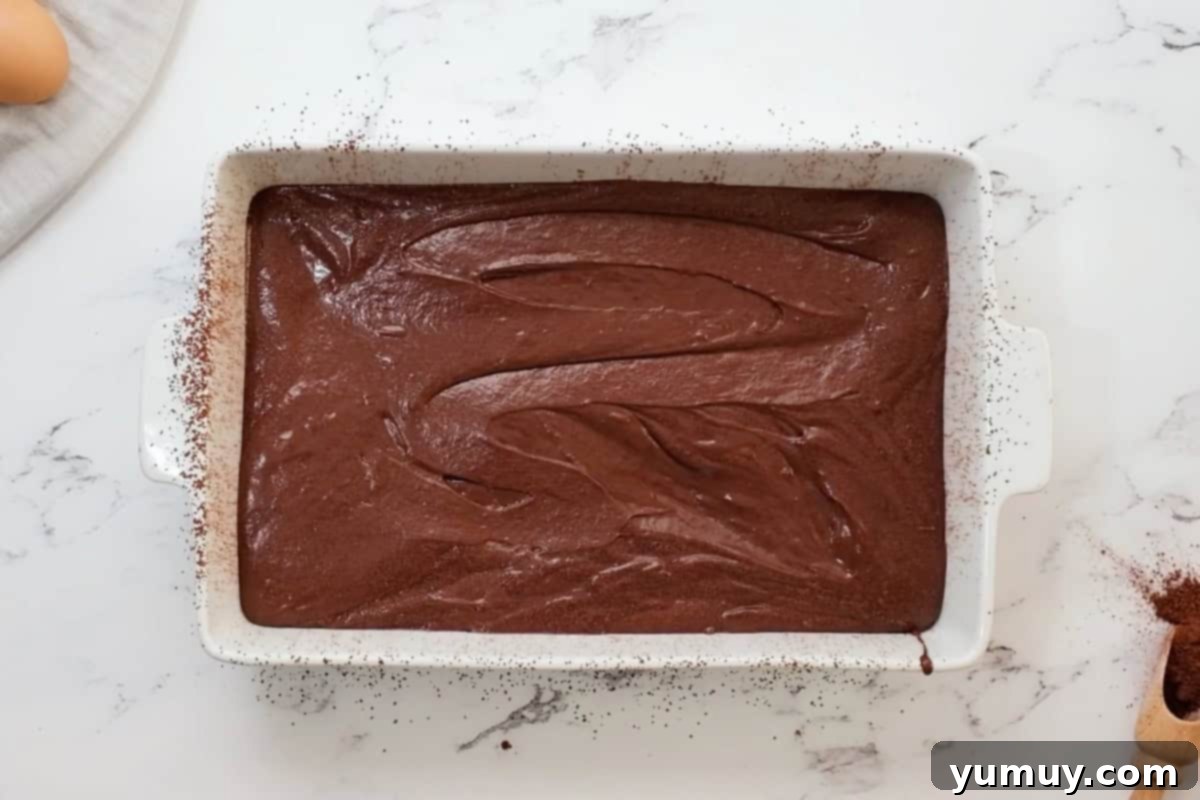 Bite Sized Chocolate Delights 16 Chocolate cake batter smoothly spread into a 9x13 inch baking pan, ready to be baked.