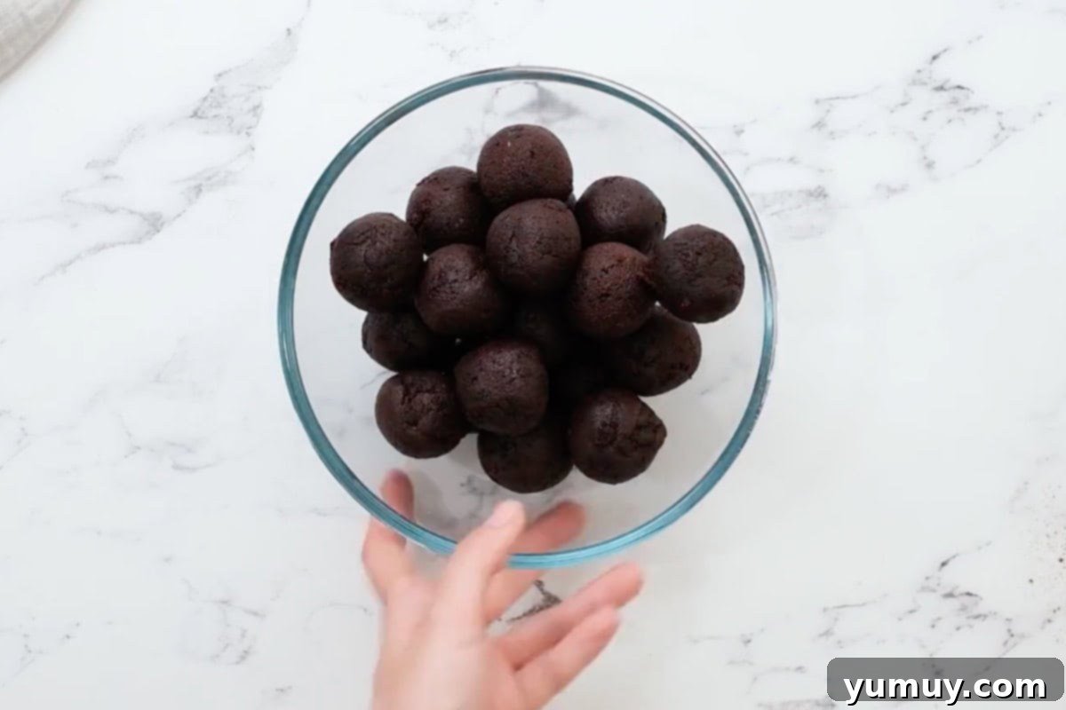 Bite Sized Chocolate Delights 20 A collection of smooth, round chocolate cake balls stacked in a glass bowl, perfectly chilled and ready for the next step.
