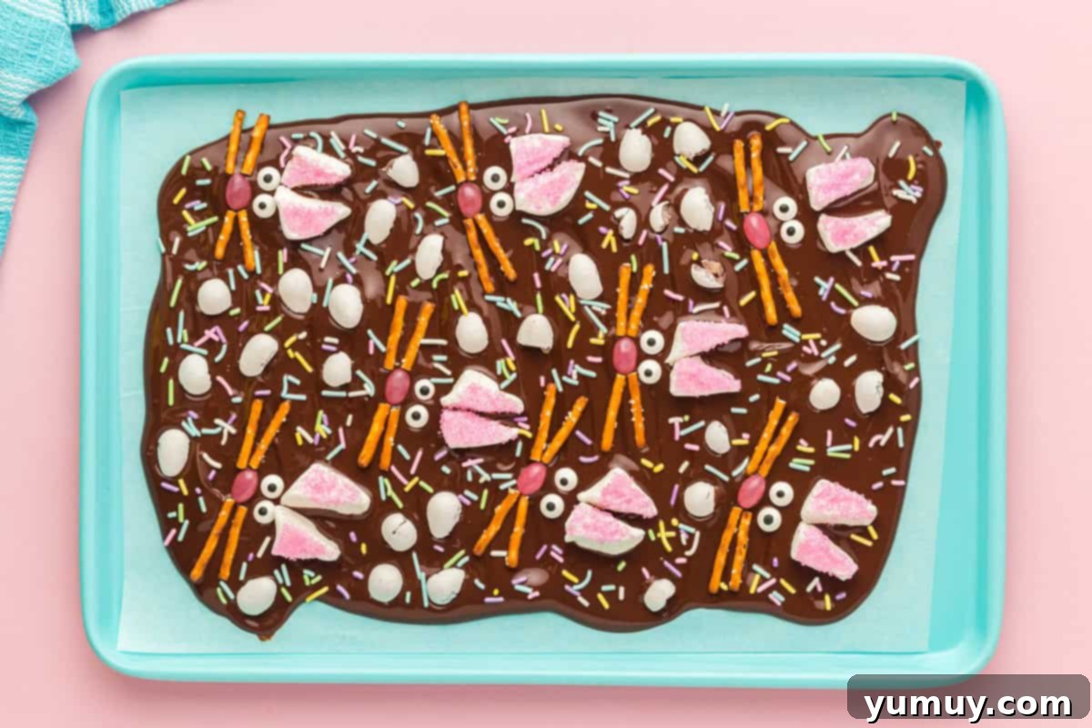 decorated easter bunny chocolate bark with all toppings before chilling