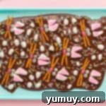 easter bunny chocolate bark decorated with all toppings before chilling