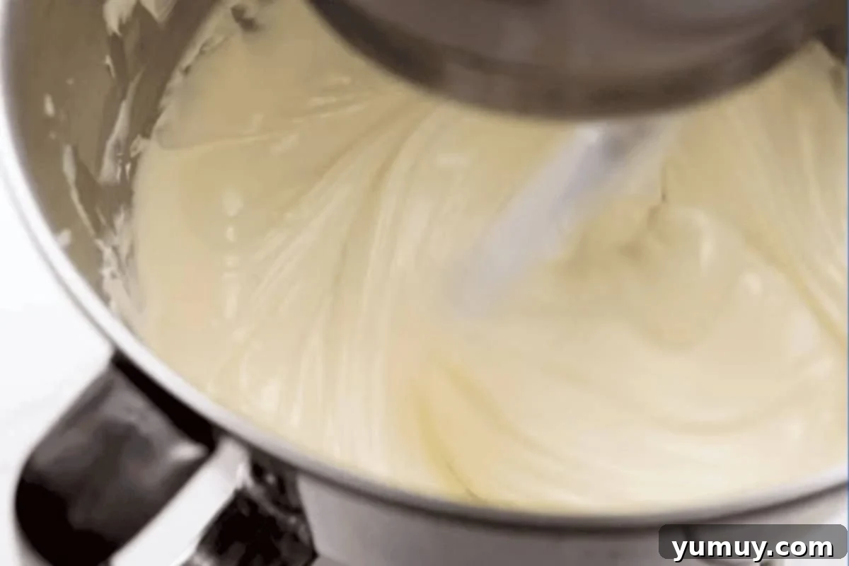 Beating cheesecake batter ingredients in a stand mixer bowl, ensuring a smooth and creamy consistency.