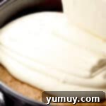 Pouring creamy cheesecake batter over the freshly baked carrot cake in a springform pan, preparing for the water bath.