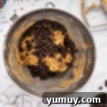 The Legendary Chocolate Chip Cookie Cake 11 chocolate chips added to cookie cake batter in a metal bowl