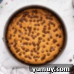 The Legendary Chocolate Chip Cookie Cake 13 chocolate chip cookie cake in a pan after baking