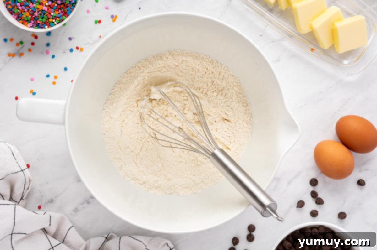 The Legendary Chocolate Chip Cookie Cake 16 dry ingredients in a white bowl with a whisk