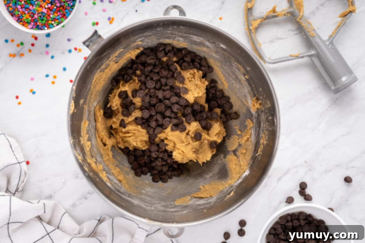 The Legendary Chocolate Chip Cookie Cake 21 chocolate chips added to cookie cake batter in a metal bowl