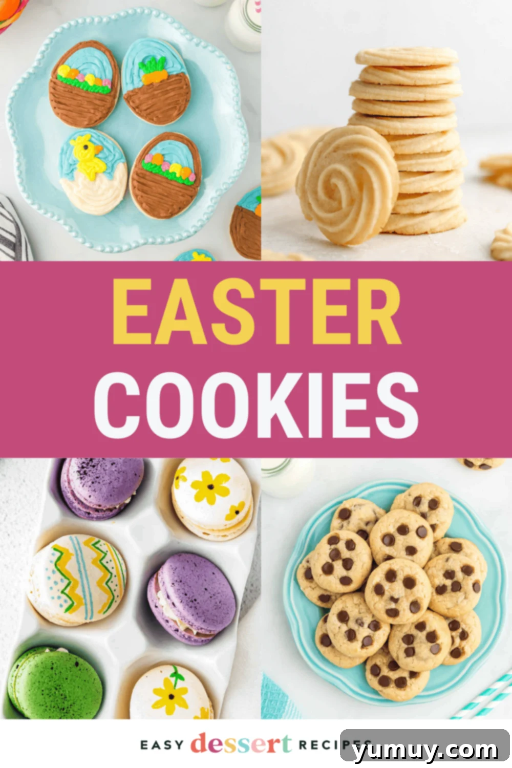 A vibrant collage of various Easter cookie ideas, showcasing decorated sugar cookies, bird's nest cookies, and lemon shortbread.